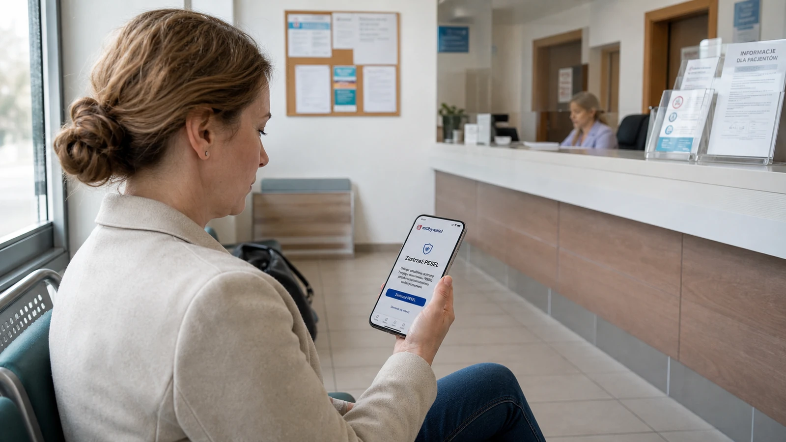 Kobieta w rejestracji przychodni zastrzega numer PESEL w aplikacji mObywatel na telefonie.