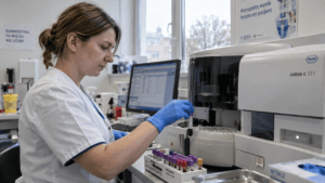 Pracownica laboratorium przygotowuje próbki krwi do oznaczeń enzymów wątrobowych.