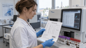 Diagnostka laboratoryjna odczytuje wynik morfologii krwi przy analizatorze.