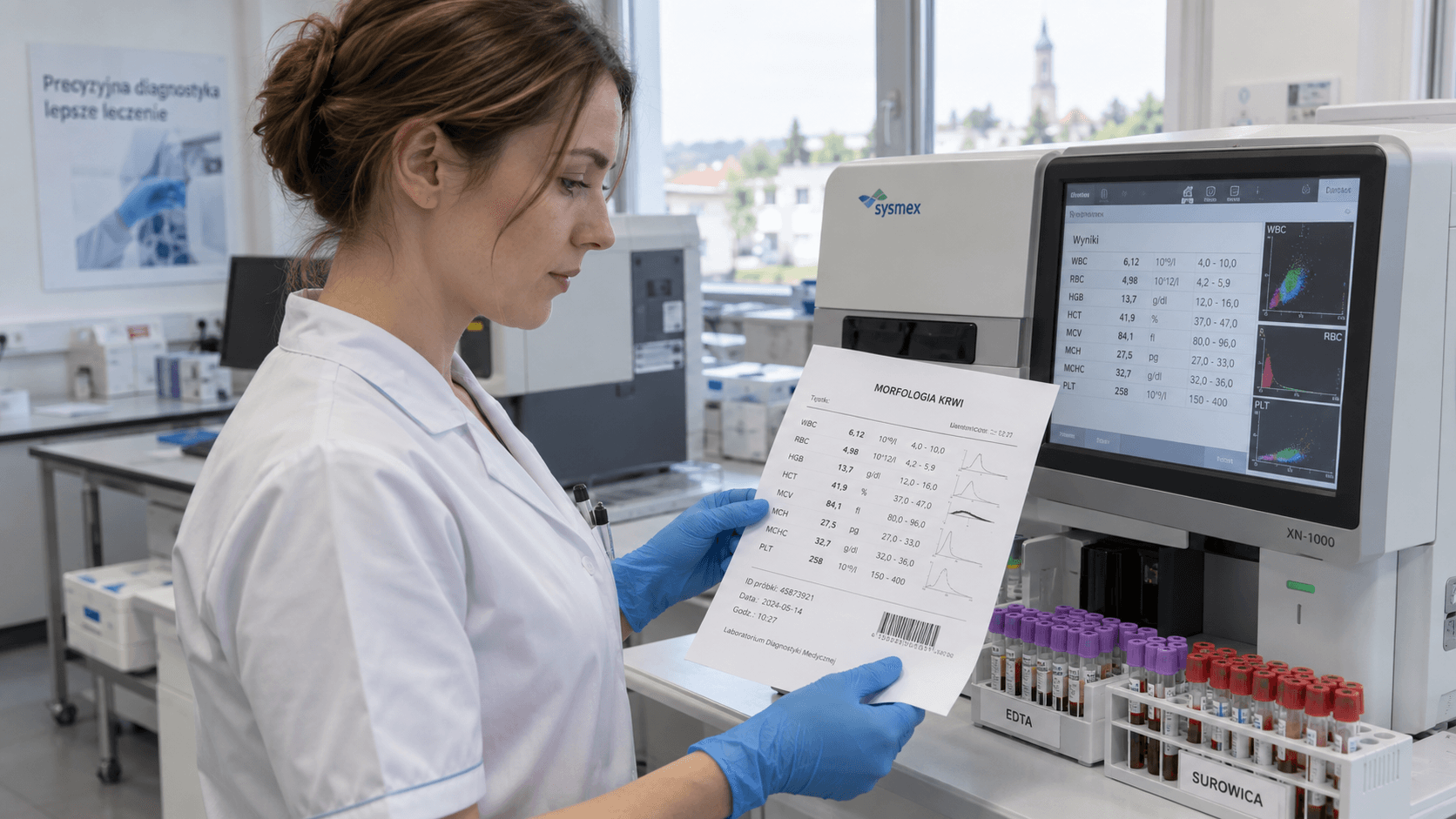 Diagnostka laboratoryjna odczytuje wynik morfologii krwi przy analizatorze.