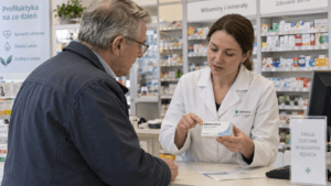 Farmaceutka omawia z pacjentem lek zawierający metforminę.